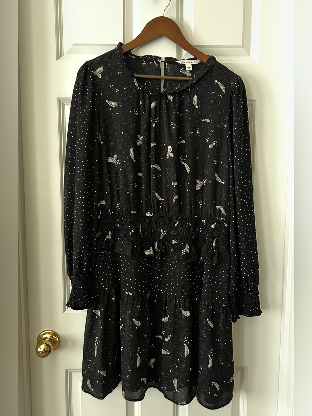 POPSUGAR Black Printed Long-Sleeve Ruffled Midi Dress